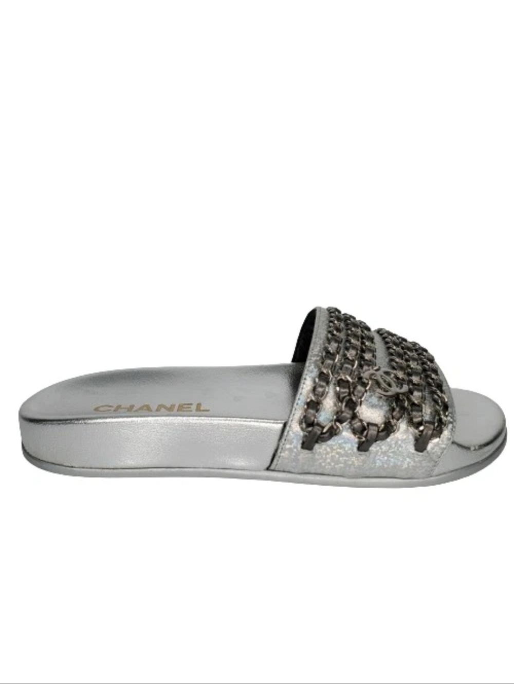 Chanel Silver Metallic Leather CC Tropiconic Chain Slides